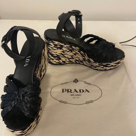 PRADA Raffia And Leather Wedges - Picture 1 of 3